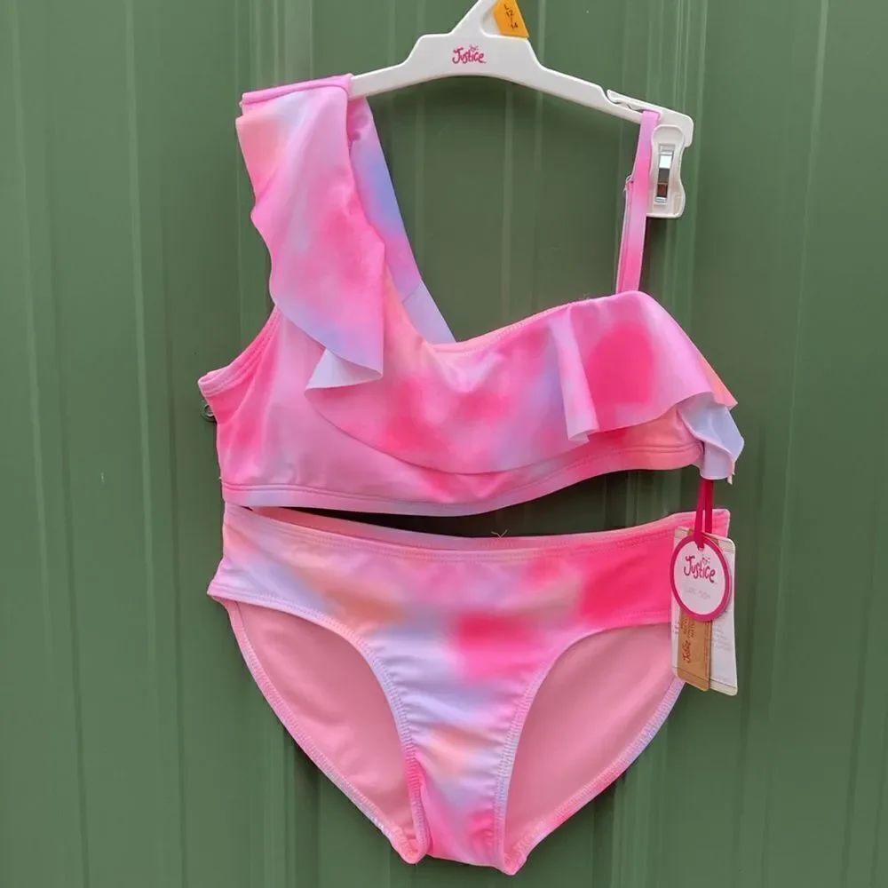 Justice Girls 2 Piece Ruffle Shoulder Tie Dye Bikini Swimsuit Size L 12/14